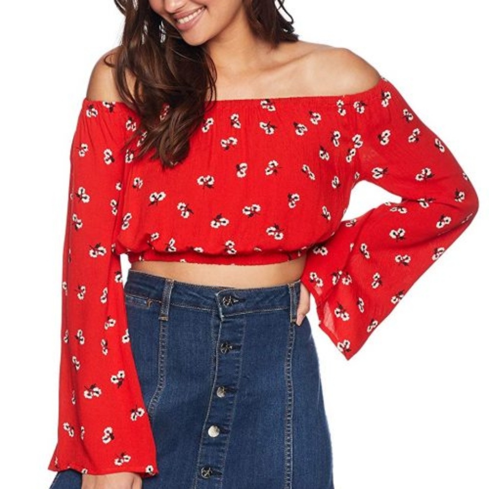 | billabong • red hot floral flare sleeve crop top • medium | - Picture 5 of 12